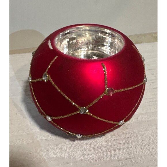 Red Glass Tealight Holder With Gold & Silver Glitter Accents 2.75" - Picture 1 of 7